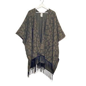 Woolrich Black & Tan Soft Poncho Leopard Fringe Wrap One Size